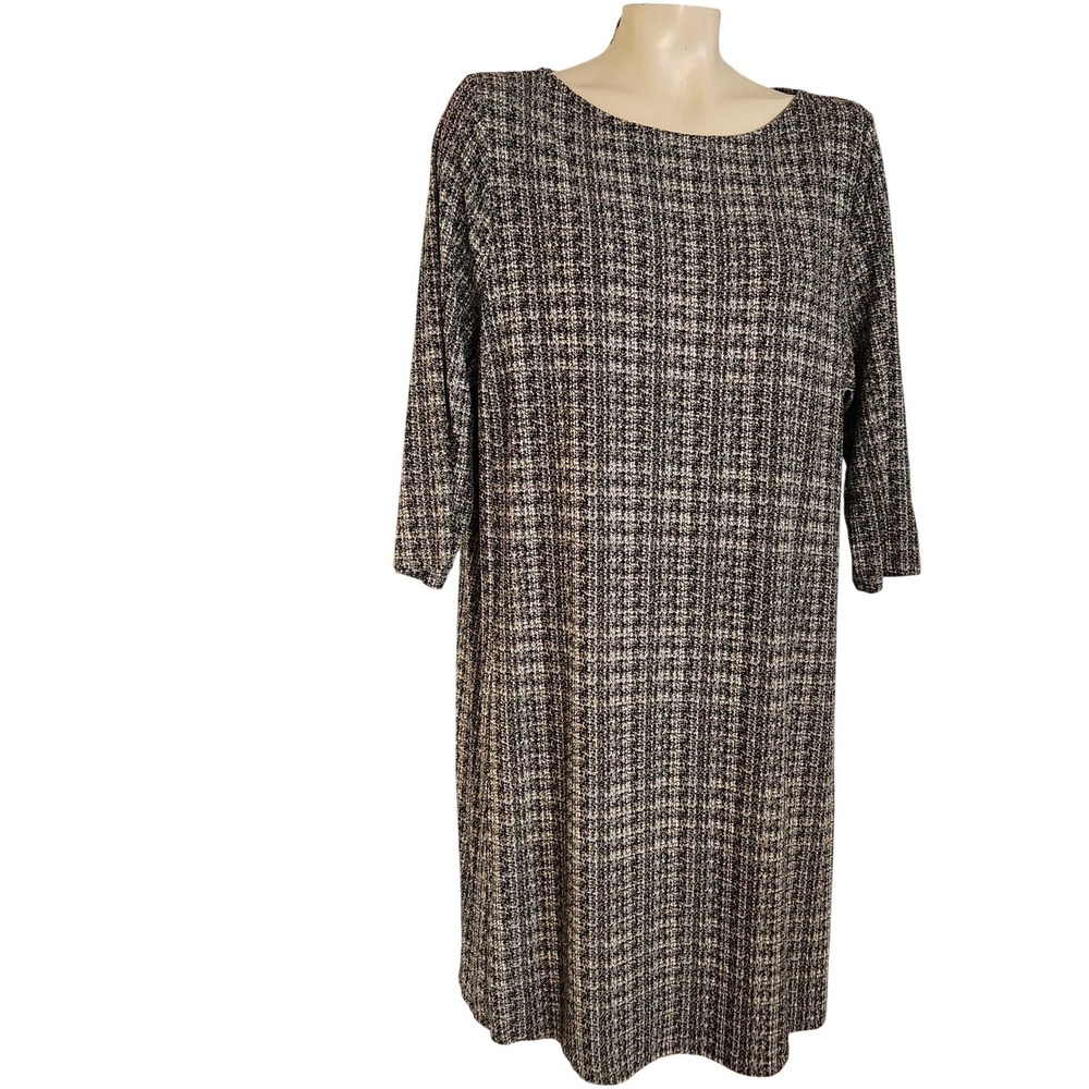 J JILL New York Black White Tweed Knit Shift Dress 3/4 Sleeve XL officecore